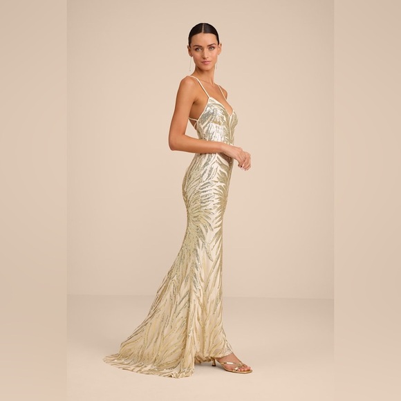Lulus Sparkle 'til Dawn Gold Sequin Lace-up Mermaid Maxi Dress - Size S - Picture 2 of 4
